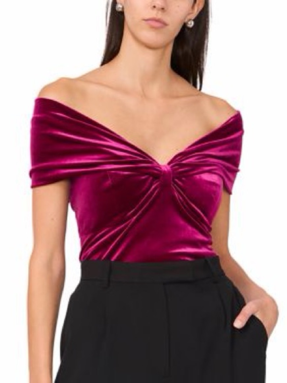 Parker Velvet Fitted Off-Shoulder Top in Beyond Fuchsia sz S